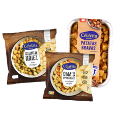 CêlaVíta patatas bravas
of gekruide krieltjes met schil
schaal à 425 gram, oma’s opbakkers
of mini krieltjes zak à 450 gram